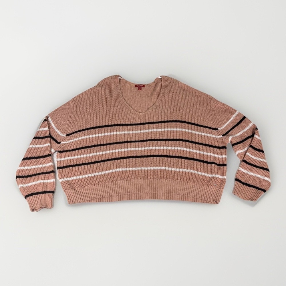 Guess Striped V-Neck Sweater Womens XL Mauve Pink Cropped Boxy Y2K Preppy School